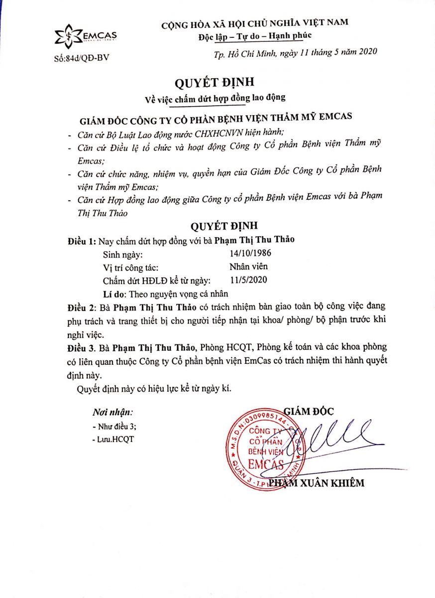 THÔNG BÁO VỀ VIỆC CHẤM DỨT HỢP ĐỒNG LAO ĐỘNG