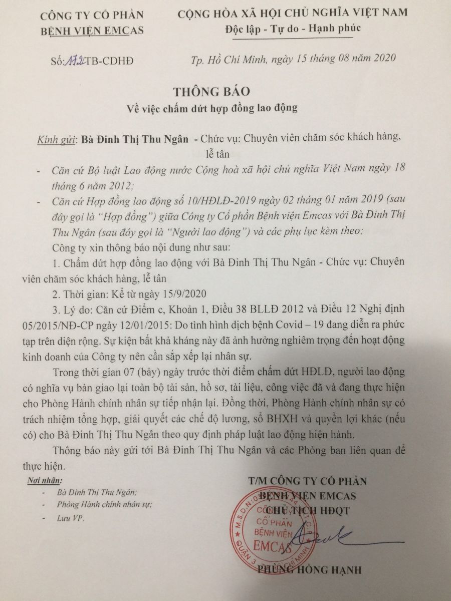 THÔNG BÁO VỀ VIỆC CHẤM DỨT HỢP ĐỒNG LAO ĐỘNG