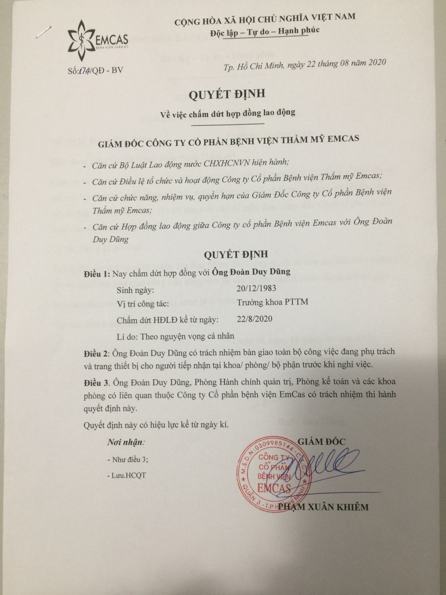 Thông Báo Về Việc Chấm Dứt Hợp Đồng Lao Động