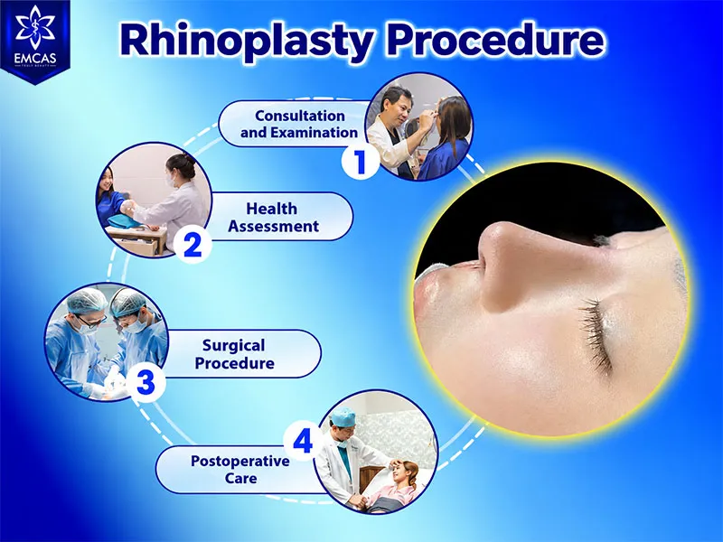 The EMCAS rhinoplasty process includes consultation, health assessment, surgery and postoperative care