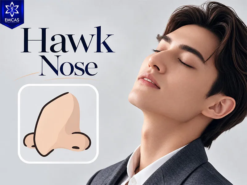 Hawk or hooked nose with a prominent bridge and downward-curving tip