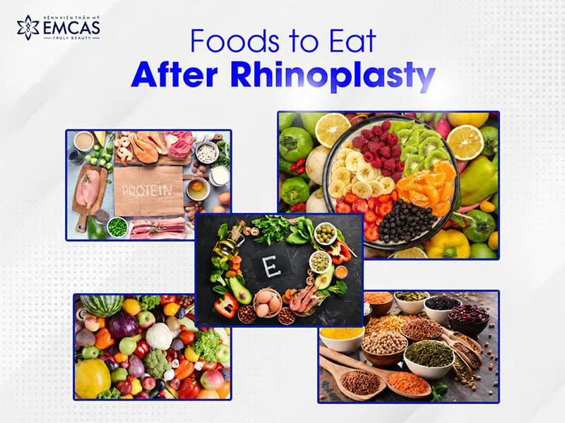Nutritious foods to eat after rhinoplasty, including protein, fruit, vegetables and whole grains