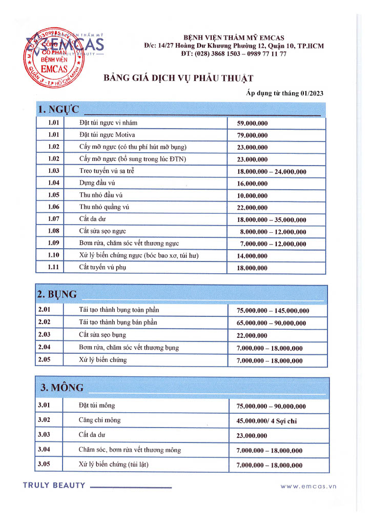 Bảng giá Bệnh viện EMCAS