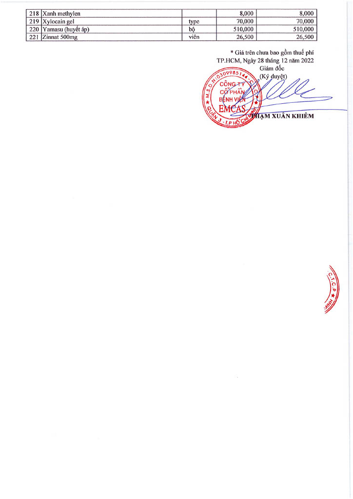 Bảng giá Bệnh viện EMCAS