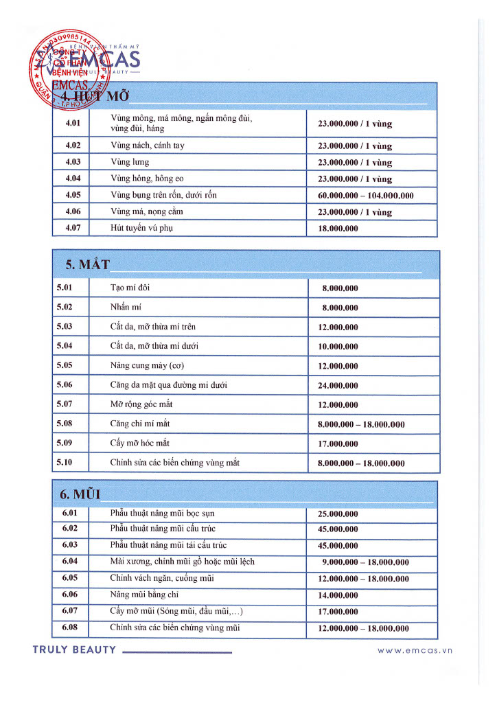Bảng giá Bệnh viện EMCAS
