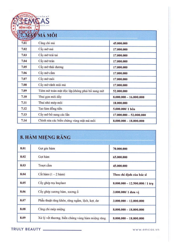 Bảng giá Bệnh viện EMCAS