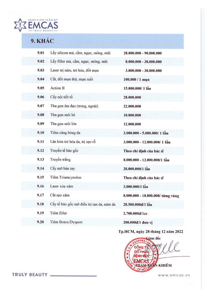 Bảng giá Bệnh viện EMCAS