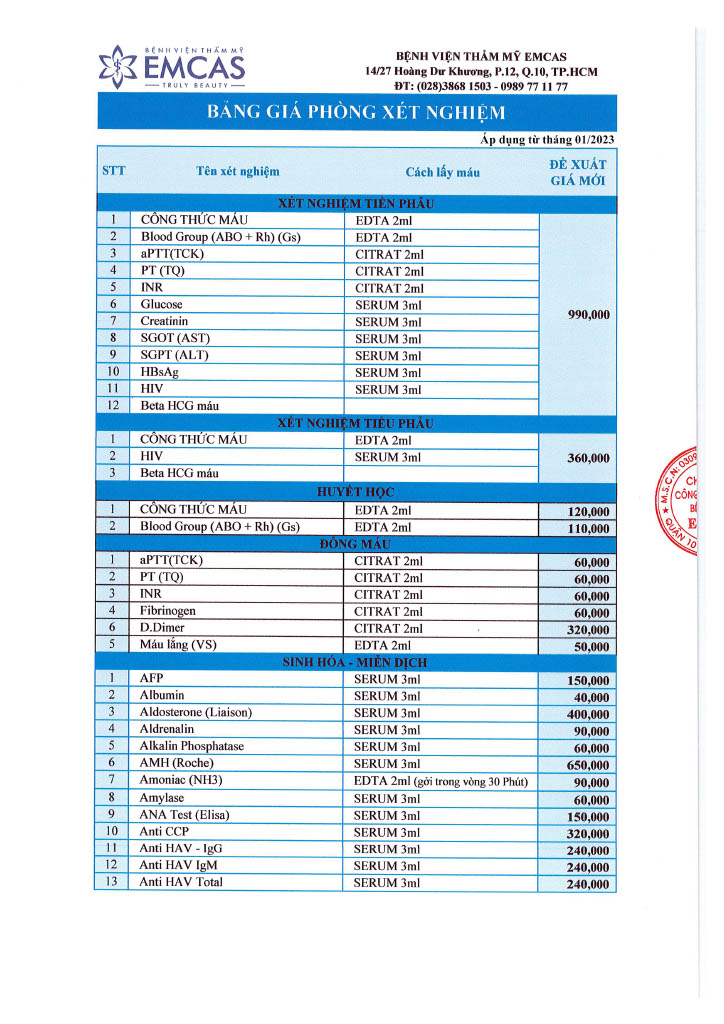 Bảng giá Bệnh viện EMCAS