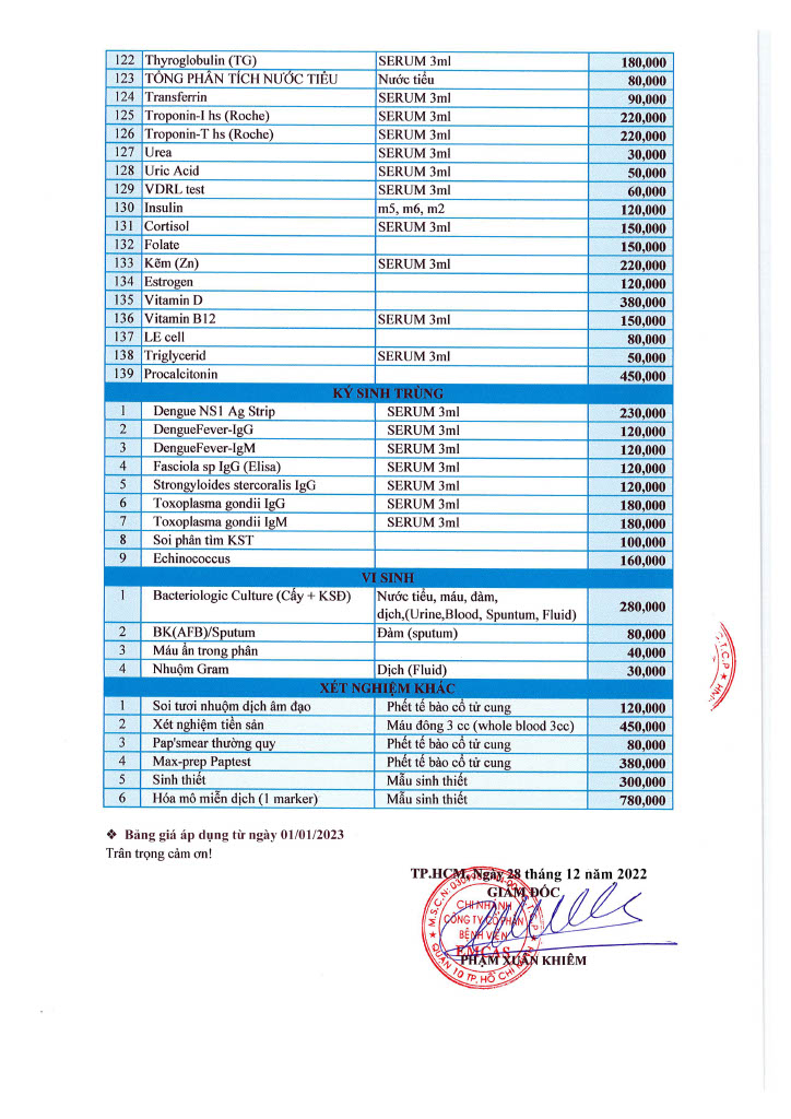 Bảng giá Bệnh viện EMCAS