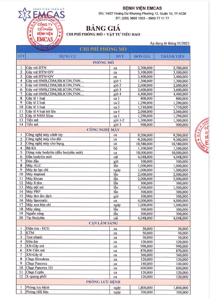 Bảng giá Bệnh viện EMCAS