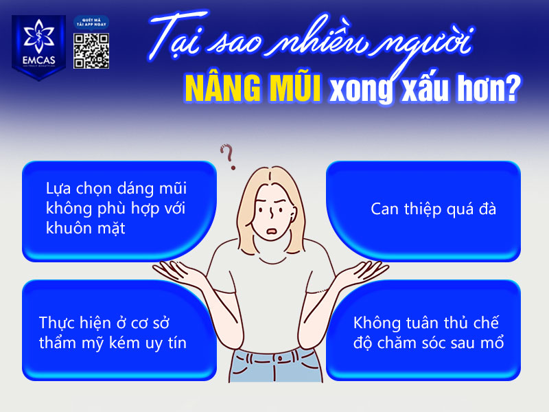 Có nhiều nguyên nhân dẫn đến tình trạng nâng mũi xong xấu hơn, không chỉ ảnh hưởng đến thẩm mỹ mà còn tiềm ẩn nhiều rủi ro về sức khỏe.
