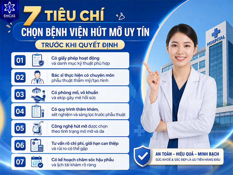 Trước khi chọn bệnh viện hút mỡ, bạn nên kiểm tra 7 tiêu chí gồm giấy phép, bác sĩ, phòng mổ, gây mê hồi sức, sàng lọc tiền phẫu, công nghệ phù hợp, tư vấn minh bạch và kế hoạch hậu phẫu.