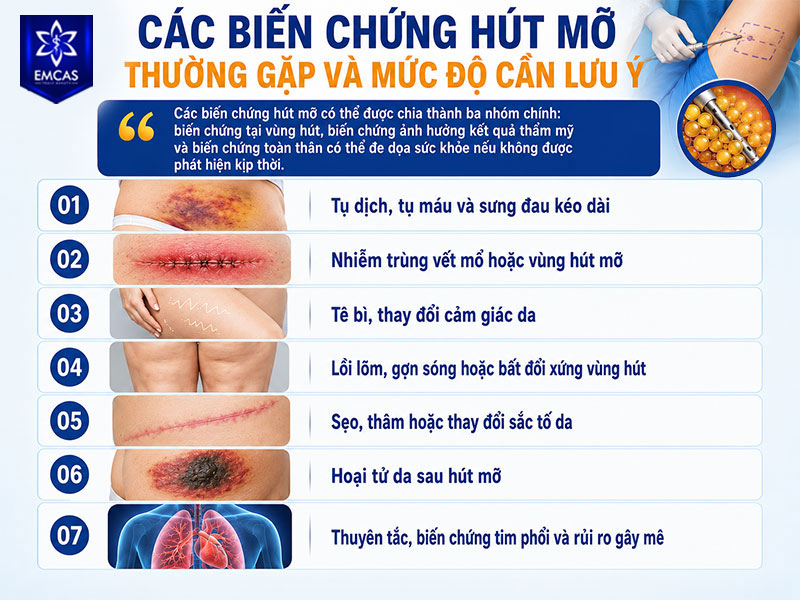 Các biến chứng hút mỡ có thể được chia thành ba nhóm chính: biến chứng tại vùng hút, biến chứng ảnh hưởng kết quả thẩm mỹ và biến chứng toàn thân có thể đe dọa sức khỏe