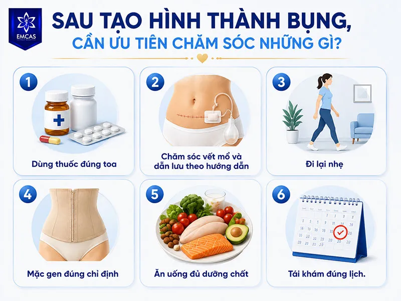 Sau tạo hình thành bụng, bạn cần ưu tiên 6 việc: dùng thuốc đúng toa, chăm sóc vết mổ và dẫn lưu theo hướng dẫn, đi lại nhẹ, mặc gen đúng chỉ định