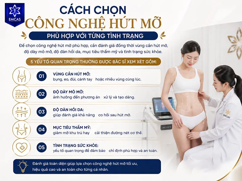 Để chọn công nghệ hút mỡ phù hợp, cần đánh giá đồng thời vùng cần hút mỡ, độ dày mô mỡ, độ đàn hồi da, mục tiêu thẩm mỹ và tình trạng sức khỏe.