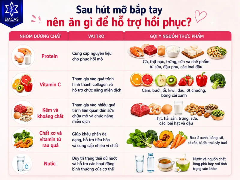 Sau hút mỡ bắp tay, bạn nên ưu tiên bữa ăn có đủ protein, rau quả đa dạng, thực phẩm cung cấp vitamin và khoáng chất