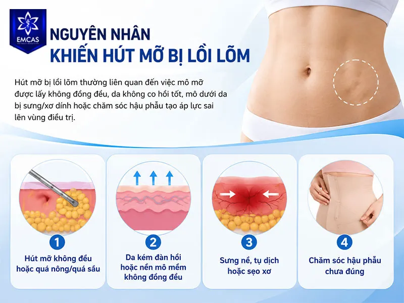 Hút mỡ bị lồi lõm thường liên quan đến việc mô mỡ được lấy không đồng đều