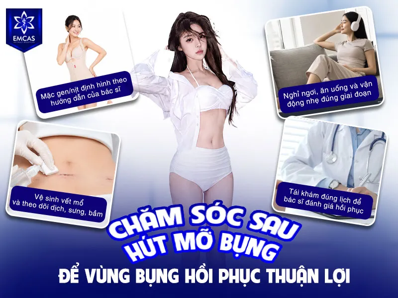 Để vùng bụng hồi phục thuận lợi sau hút mỡ, bạn cần mặc gen đúng hướng dẫn, giữ vết mổ sạch khô, theo dõi tình trạng sưng/bầm/dịch, nghỉ ngơi hợp lý