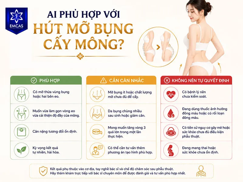 Người phù hợp với hút mỡ bụng cấy mông thường là người có mỡ bụng khu trú, cân nặng tương đối ổn định