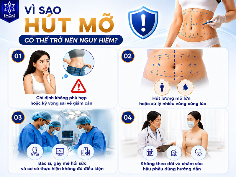 Rủi ro có thể tăng khi lượng mỡ cần hút quá nhiều hoặc phải xử lý nhiều vùng trong một lần phẫu thuật