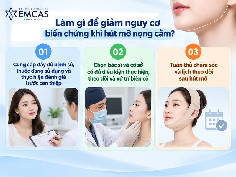 Để giảm nguy cơ biến chứng hút mỡ nọng cằm, bạn nên bắt đầu từ việc đánh giá sức khỏe và mức độ phù hợp, sau đó lựa chọn bác sĩ