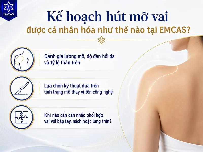 Kế hoạch hút mỡ vai được xây dựng dựa trên lượng mỡ, tình trạng da, tỷ lệ thân trên và phạm vi vùng cần tạo hình