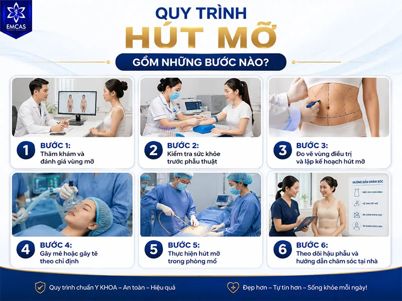 Một quy trình hút mỡ thường gồm 6 bước chính