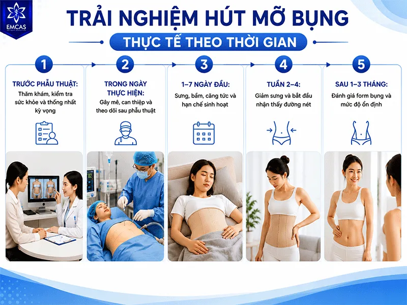 Hút mỡ bụng sẽ giảm sưng trong tuần 2 – 4 rồi mới dần ổn định sau 1 – 3 tháng.