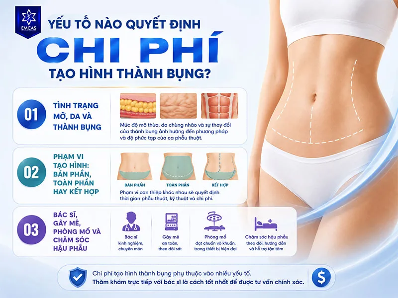 Chi phí tạo hình thành bụng được quyết định chủ yếu bởi ba nhóm yếu tố: tình trạng mỡ – da – thành bụng, phạm vi phẫu thuật, cùng các nguồn lực y khoa