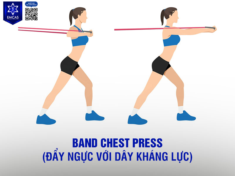 Band Chest Press là bài tập mô phỏng động tác chest press với tạ nhưng sử dụng lực căng từ dây kháng lực để tạo áp lực liên tục lên cơ ngực.