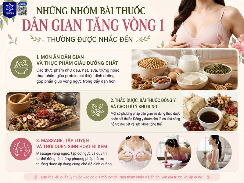 Các bài thuốc dân gian tăng vòng 1 thường được chia thành 3 nhóm chính gồm món ăn giàu dưỡng chất, thảo dược hoặc bài thuốc Đông y và các phương pháp hỗ trợ như massage, tập luyện.