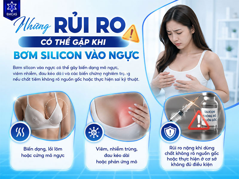 Bơm silicon vào ngực có thể gây biến dạng mô ngực, viêm nhiễm, đau kéo dài và các biến chứng nghiêm trọng nếu chất tiêm không rõ nguồn gốc hoặc thực hiện sai kỹ thuật.