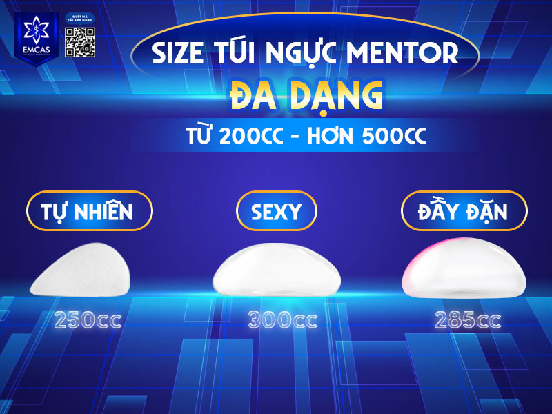 Các size túi ngực Mentor khá đa dạng, thường dao động từ 200cc đến hơn 500cc tùy dòng sản phẩm. 
