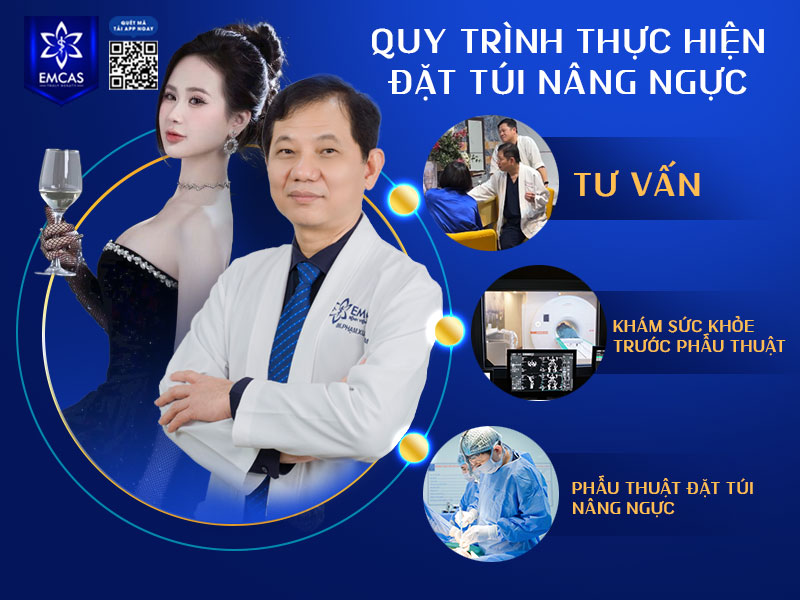 Quá trình phẫu thuật đặt túi nâng ngực diễn ra trong khoảng 45 – 60 phút trong phòng mổ vô trùng của Bệnh Viện Thẩm Mỹ EMCAS