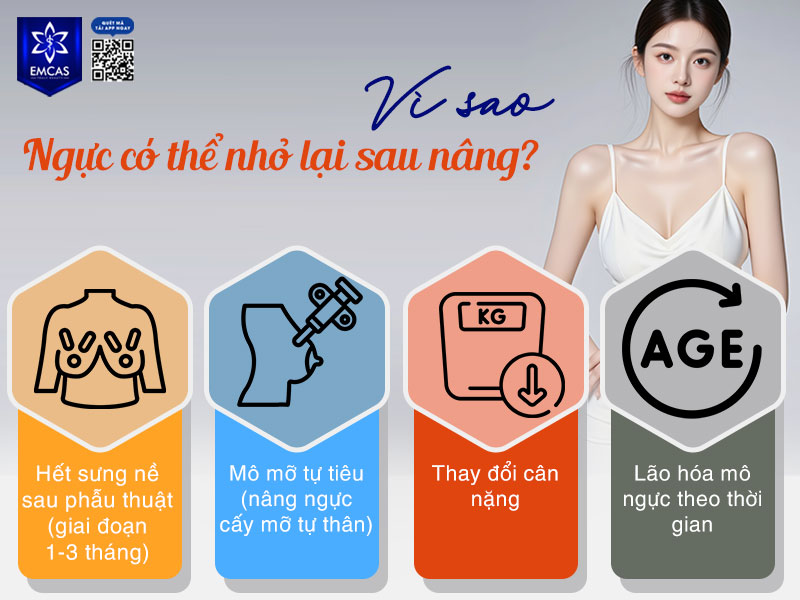 Có nhiều nguyên nhân khiến vòng 1 có cảm giác “nhỏ đi” sau một thời gian nâng ngực như hết sưng nề, mô mỡ tự tiêu, thay đổi cân nặng hay mô ngực bị lão hóa.