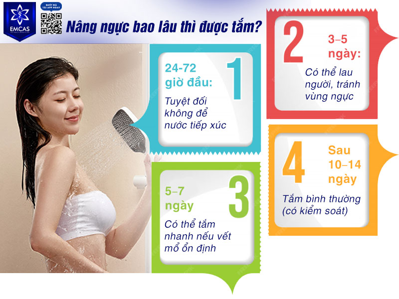 Sau khi nâng ngực khoảng 5 ngày, bạn có thể tắm lại bình thường, tuy nhiên cần tắm nhanh và tránh tác động trực tiếp vào vùng ngực.