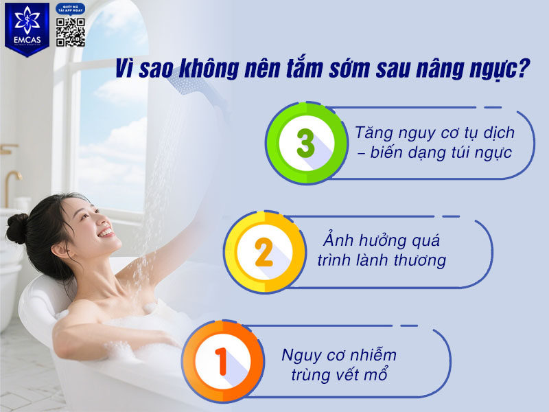 Việc tắm sớm sau nâng ngực có thể làm tăng nguy cơ biến chứng, nhiễm trùng, tụ dịch và ảnh hưởng trực tiếp đến quá trình hồi phục.