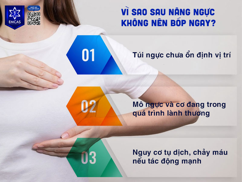 Sau phẫu thuật, việc bóp ngực ngay có thể ảnh hưởng đến sự ổn định của túi ngực, làm gián đoạn quá trình lành thương và tiềm ẩn nguy cơ phát sinh biến chứng.